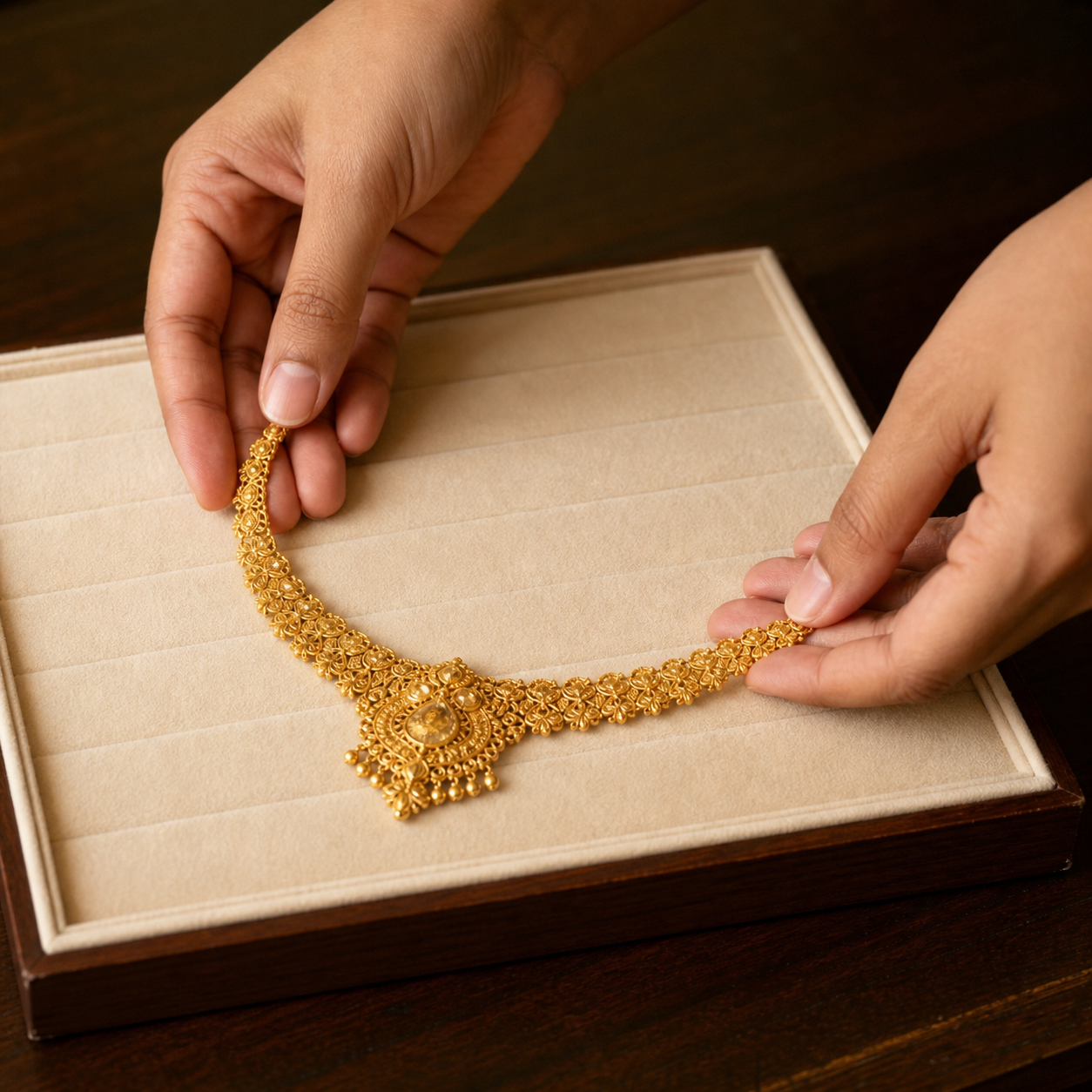 Hands supporting a 22ct gold necklace on a padded jewellery tray