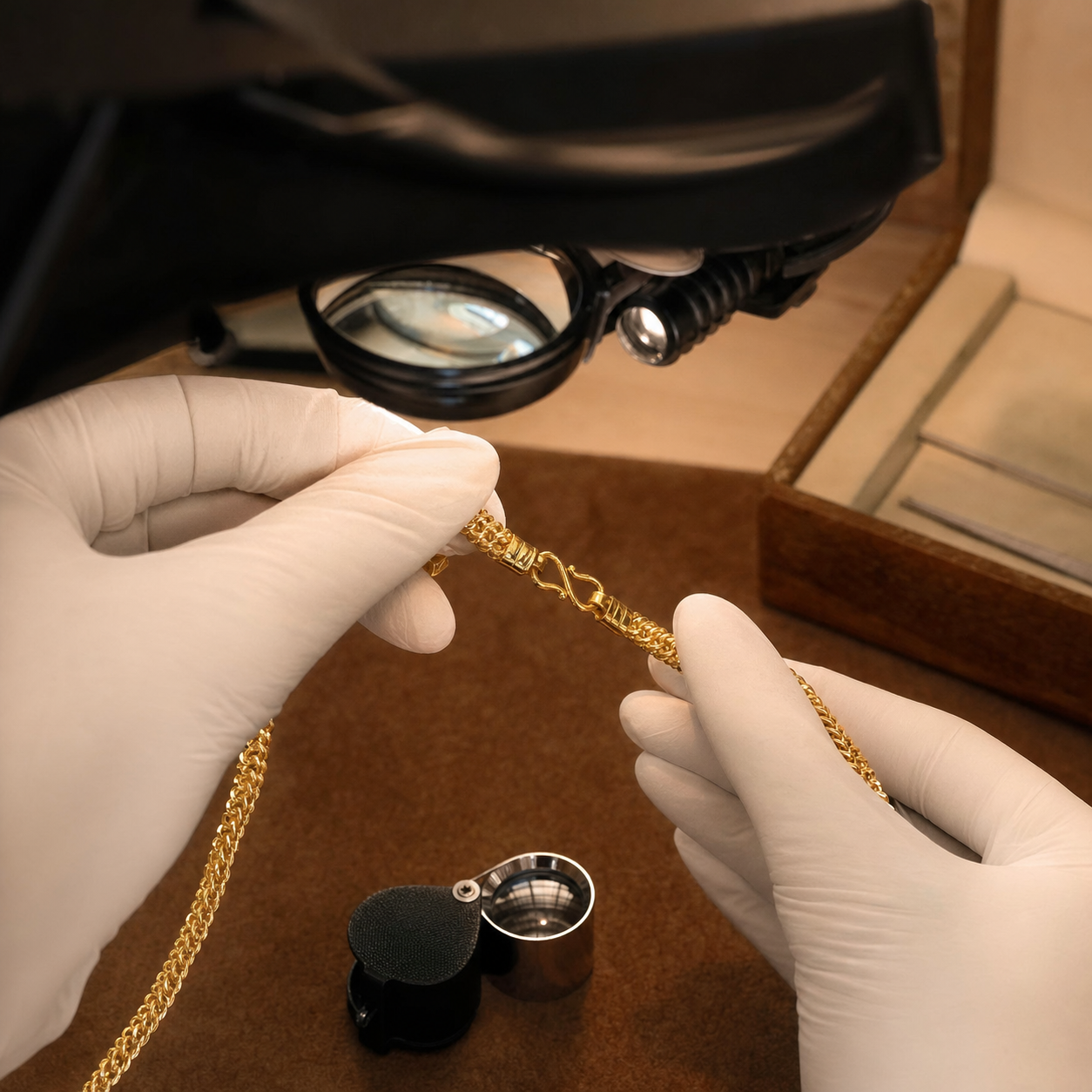 A jewellery professional inspecting the clasp of a gold necklace