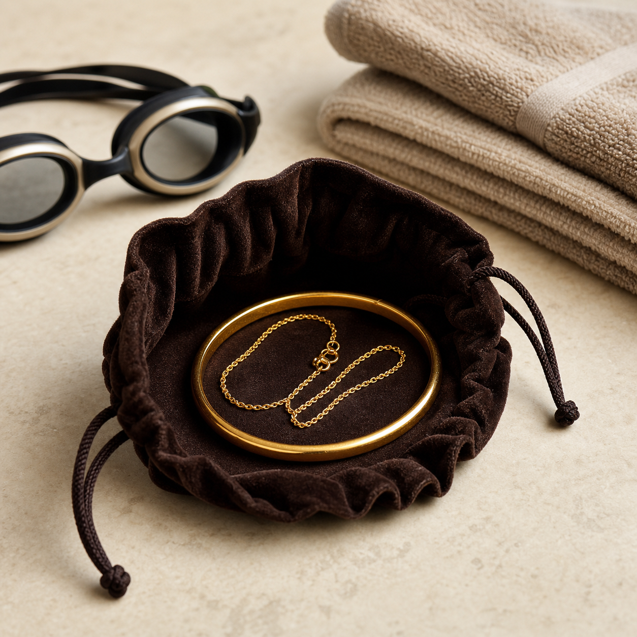 Gold jewellery stored in a soft pouch beside swimming and exercise items
