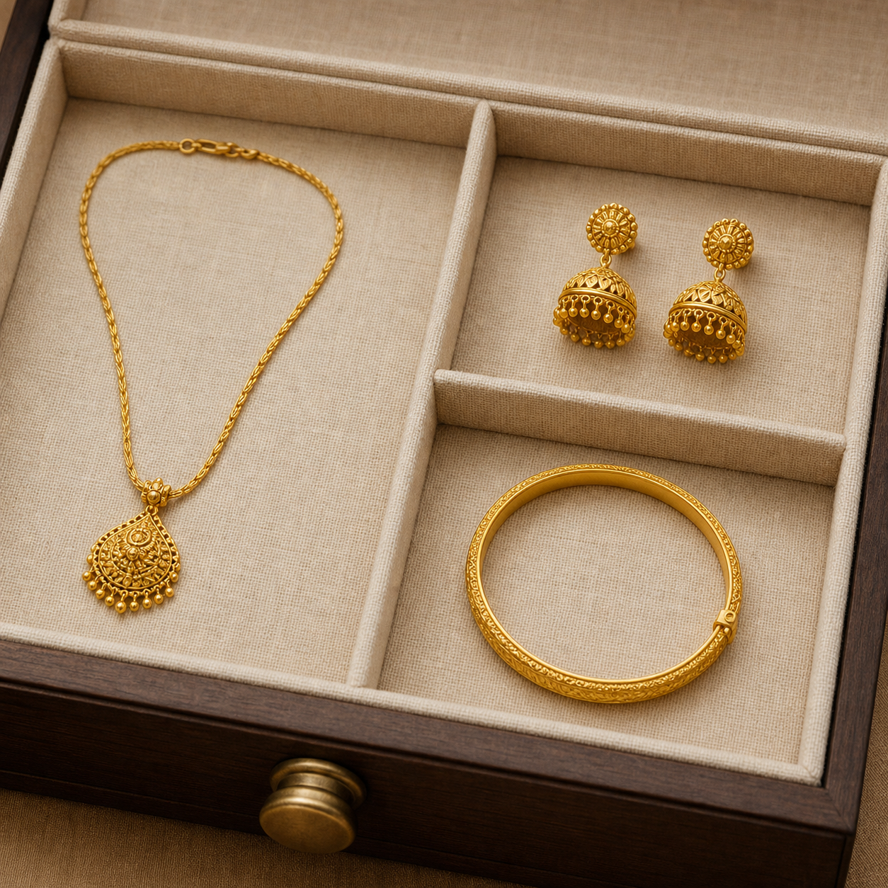 Gold jewellery stored separately in a lined jewellery drawer