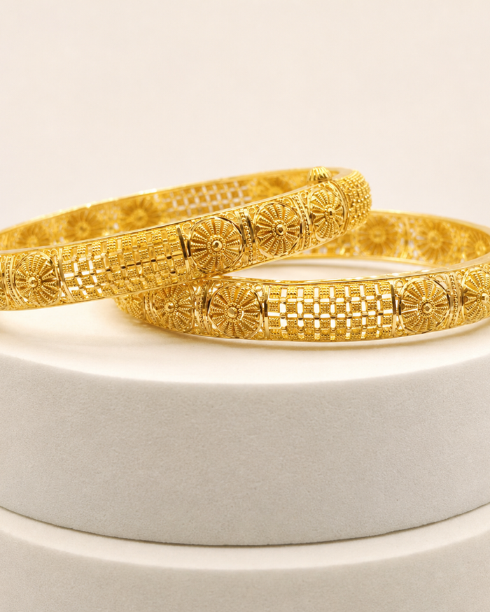 Floral Panel Bangle Pair in 22ct gold — view 1