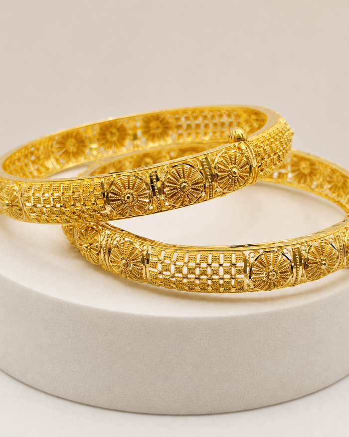 Floral Panel Bangle Pair in 22ct gold — view 2