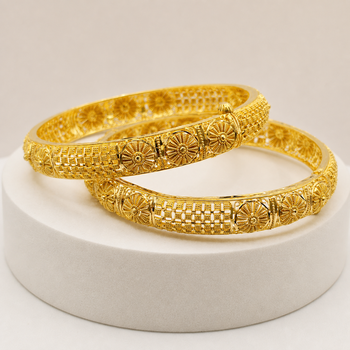 Floral Panel Bangle Pair in 22ct gold — view 2