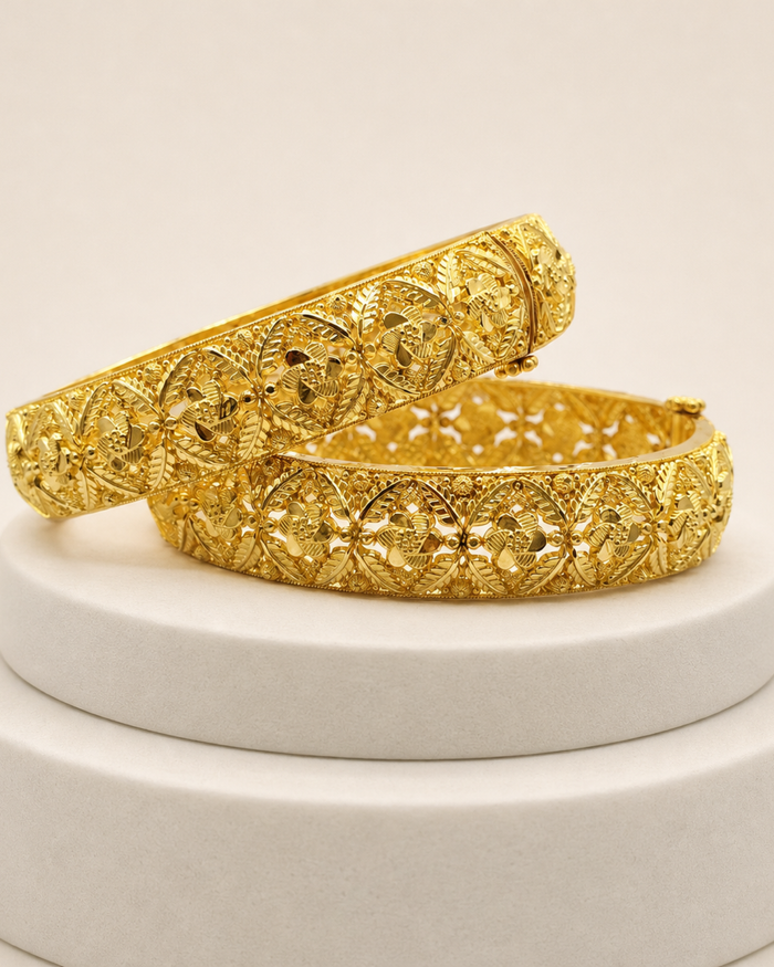 Flower Bangle Pair in 22ct gold — view 1