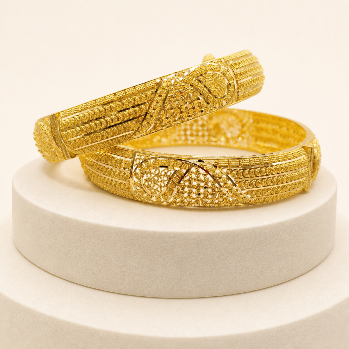 Striped Paisley Bangle Pair in 22ct gold — view 1