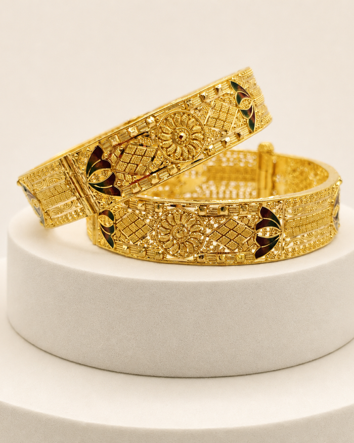 Enamel Flower Bangle Pair in 22ct gold — view 1