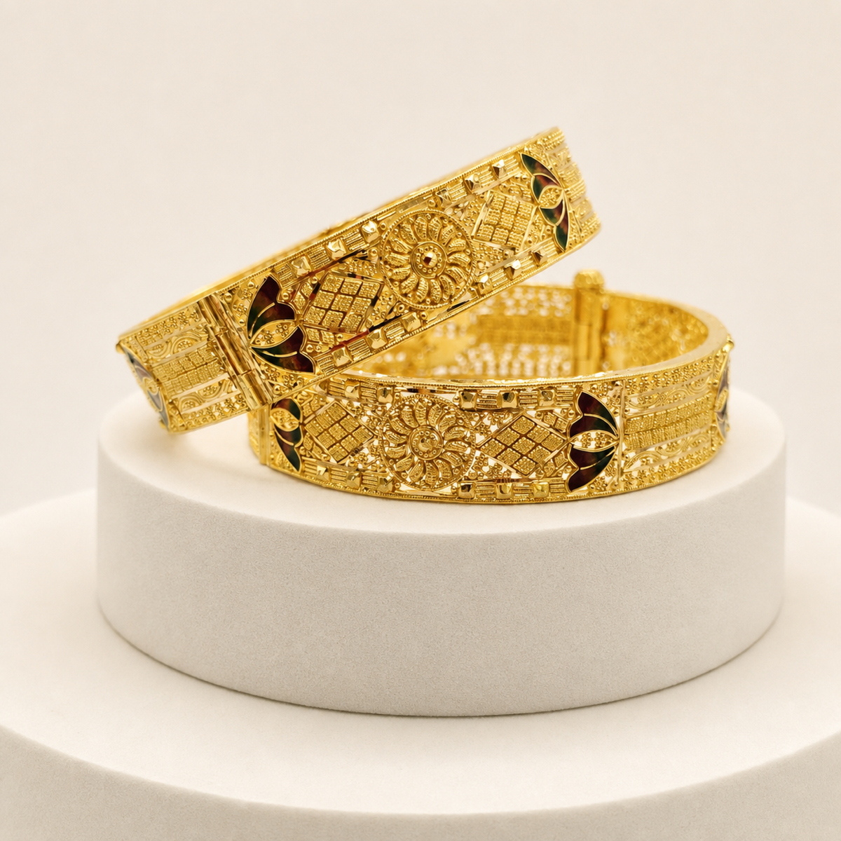 Enamel Flower Bangle Pair in 22ct gold — view 1