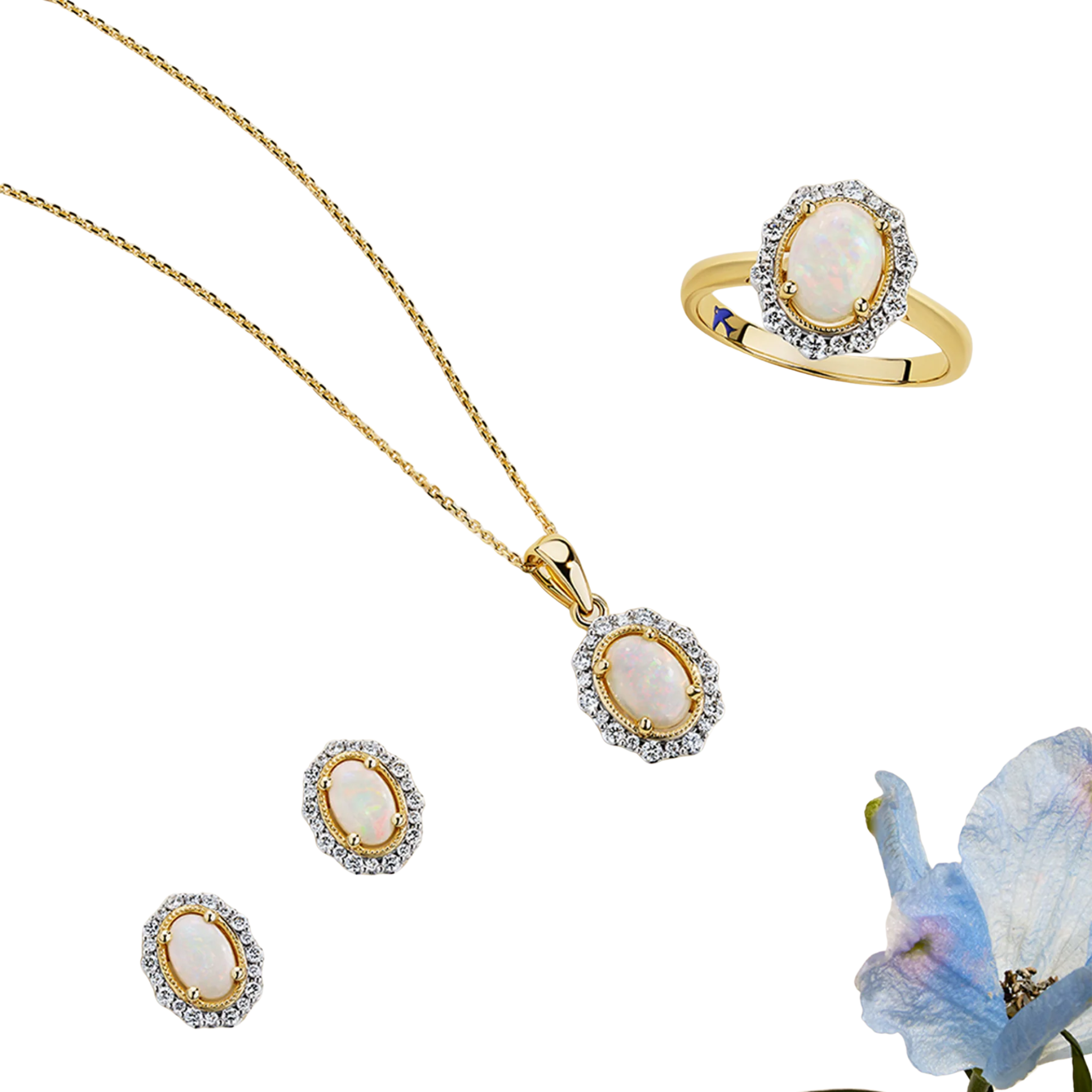 Bluebird™ Solid White Opal & Diamond Pendant with Chain in 9ct Yellow Gold