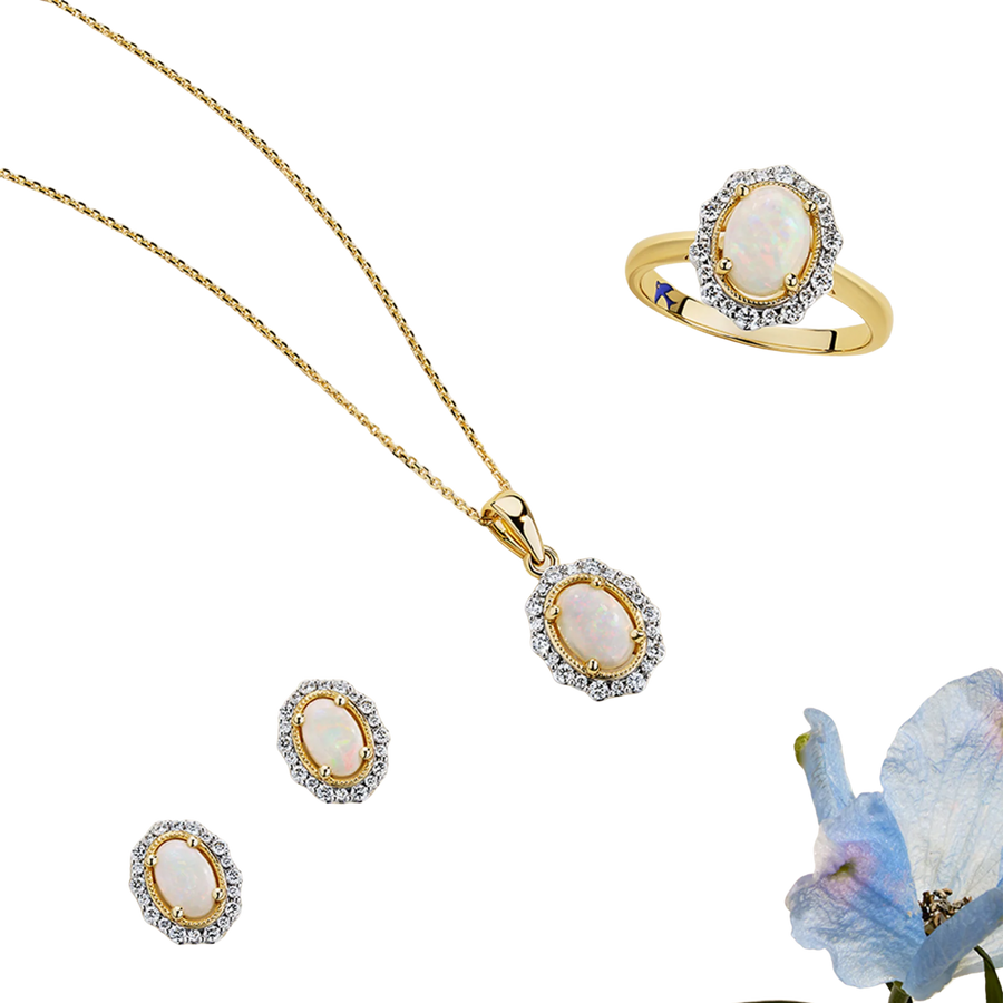 Bluebird™ Solid White Opal & Diamond Pendant with Chain in 9ct Yellow Gold