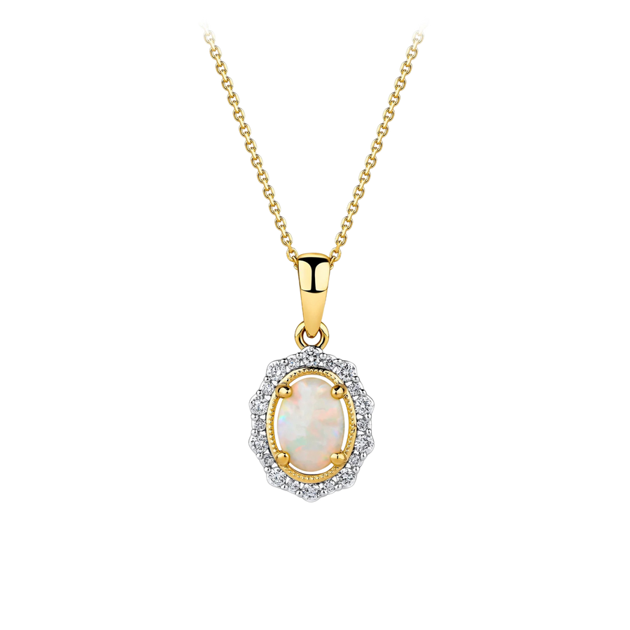 Bluebird™ Solid White Opal & Diamond Pendant with Chain in 9ct Yellow Gold