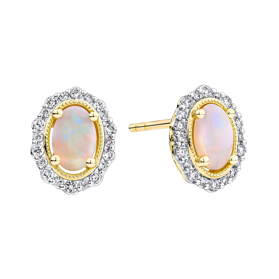 Bluebird™ Solid White Opal & Diamond Stud Earrings in 9ct Yellow Gold