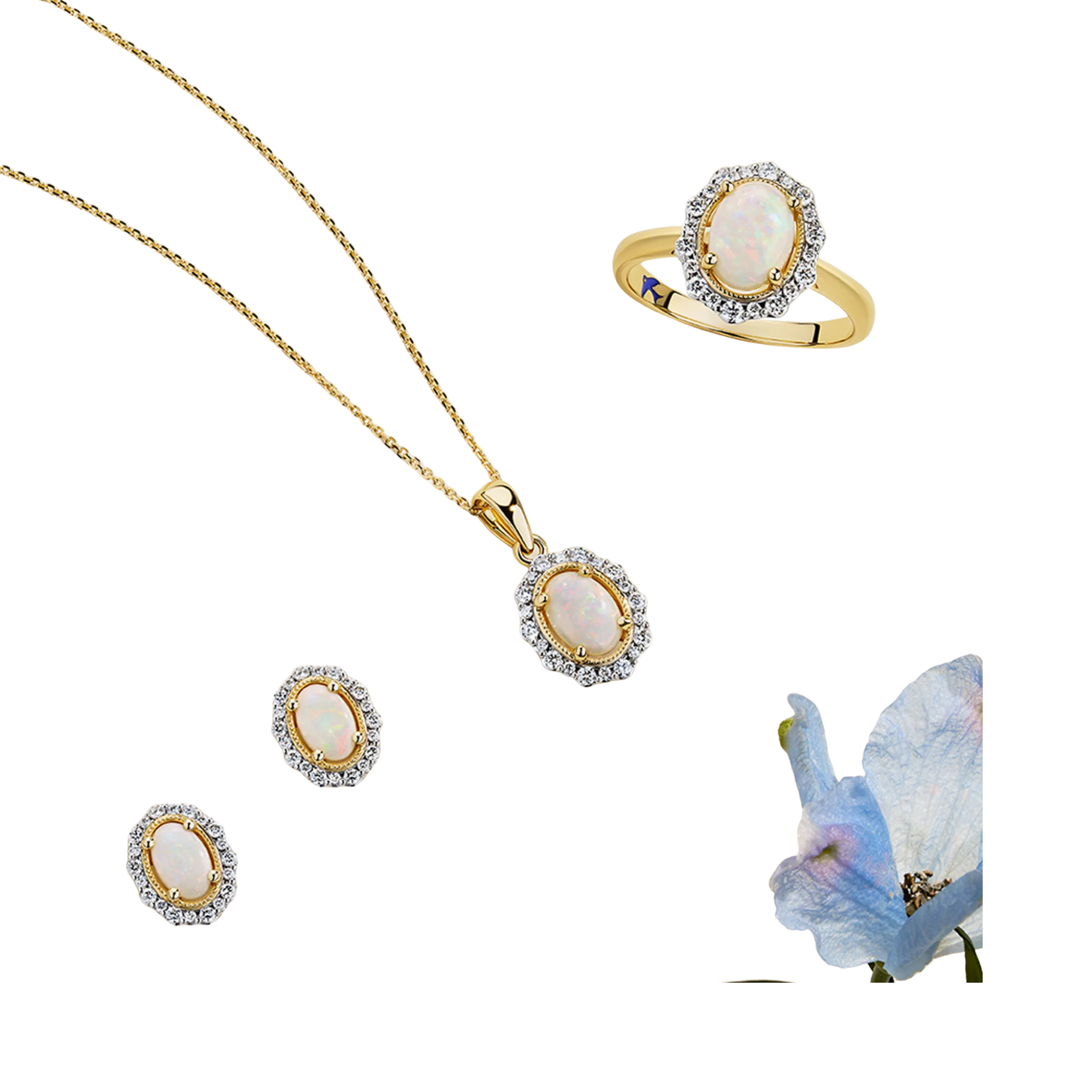 Bluebird™ Solid White Opal & Diamond Stud Earrings in 9ct Yellow Gold