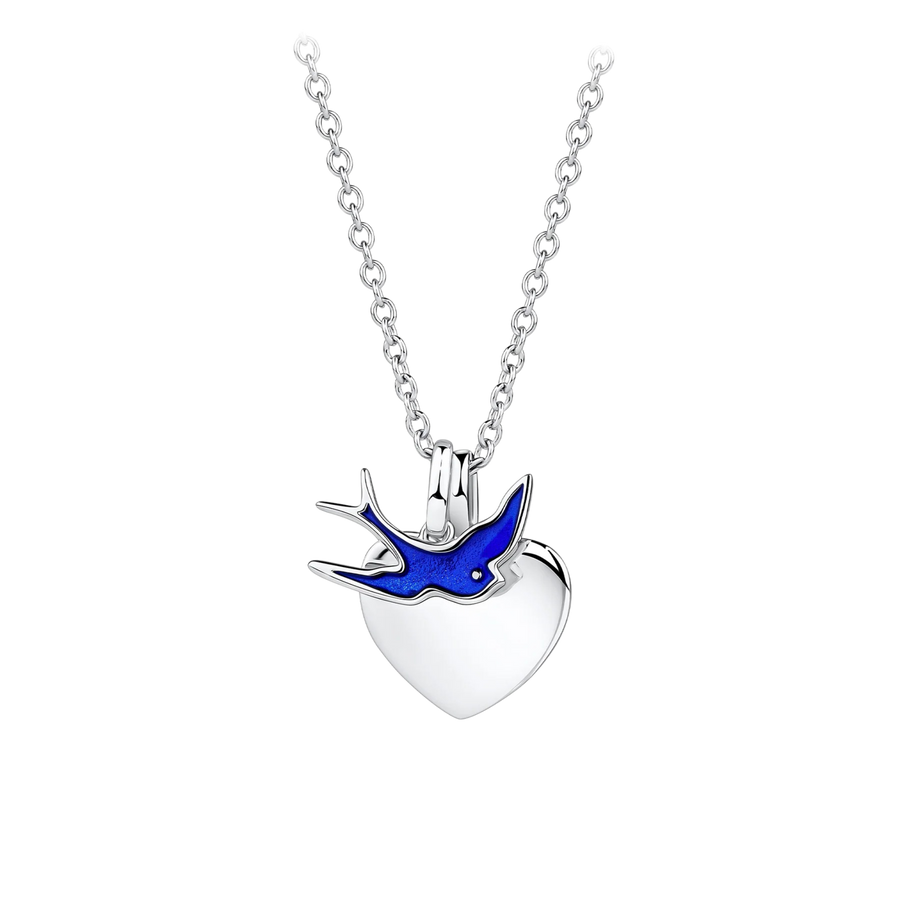 Bluebird of Happiness Children's Heart Necklace in Sterling Silver Rhodium Plate
