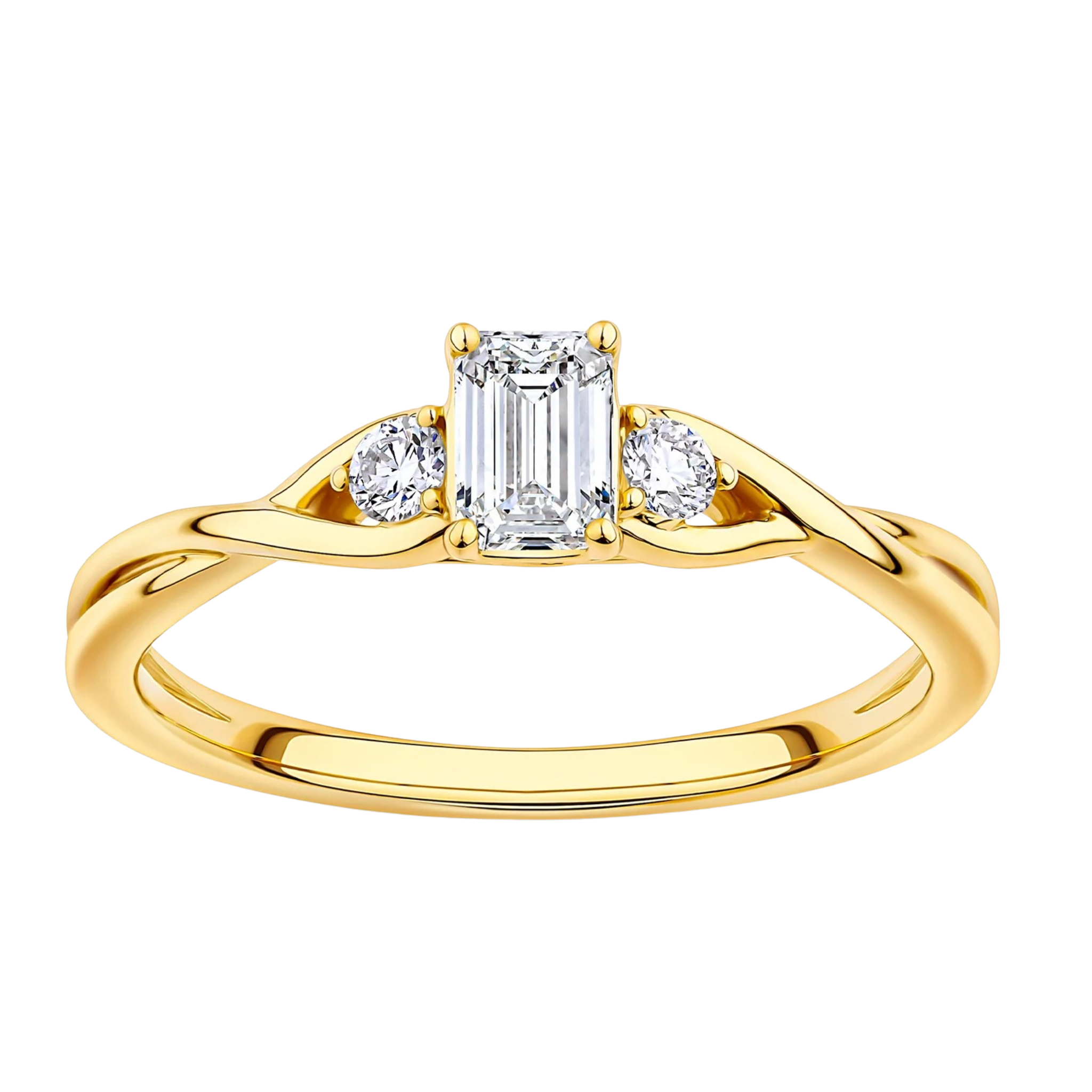 Everlasting Promise 0.60ct TW Lab Grown Diamond Emerald Cut and Round Brilliant Side Accent Ring Set in 9ct Yellow Gold