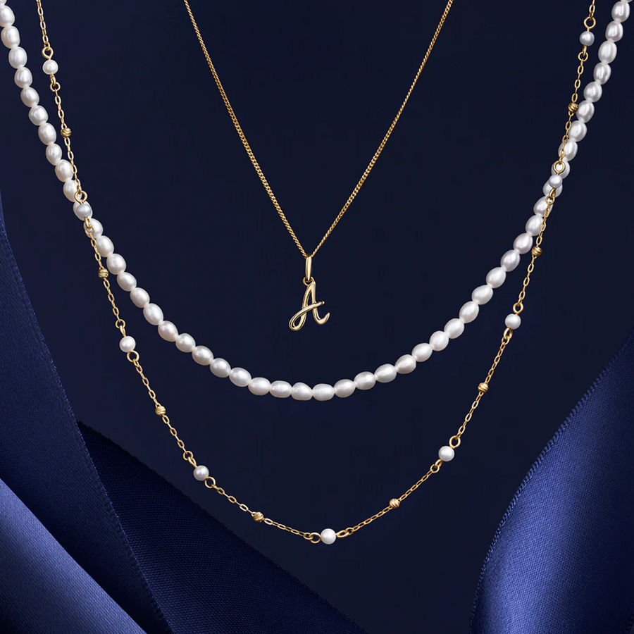 Freshwater Pearl Diamond Cut Cable Necklace in 9ct Yellow Gold