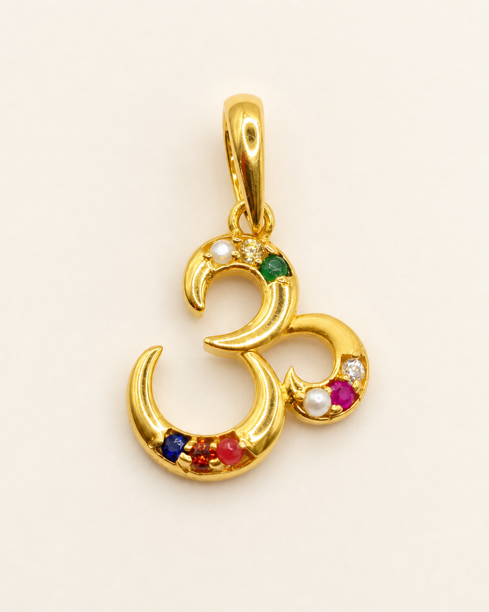 Navaratna Om Pendant in 22ct gold — view 1