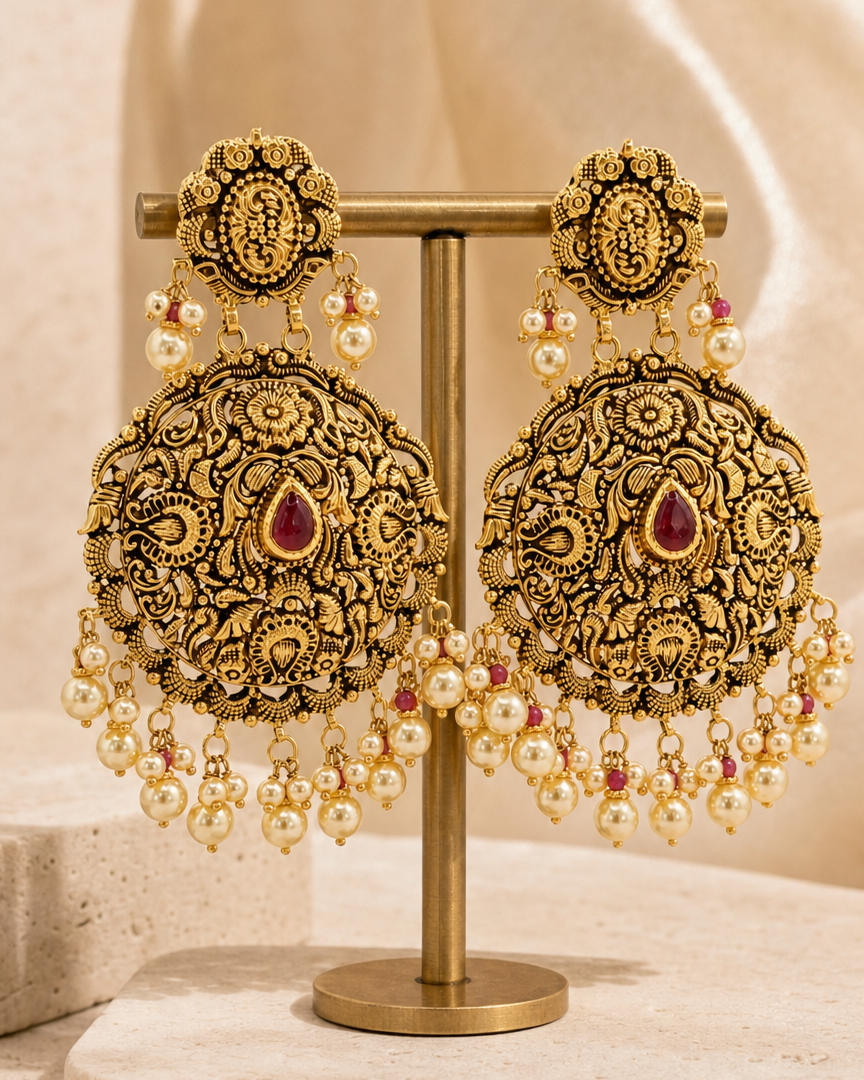 Temple-style gold earrings with pearl and ruby details