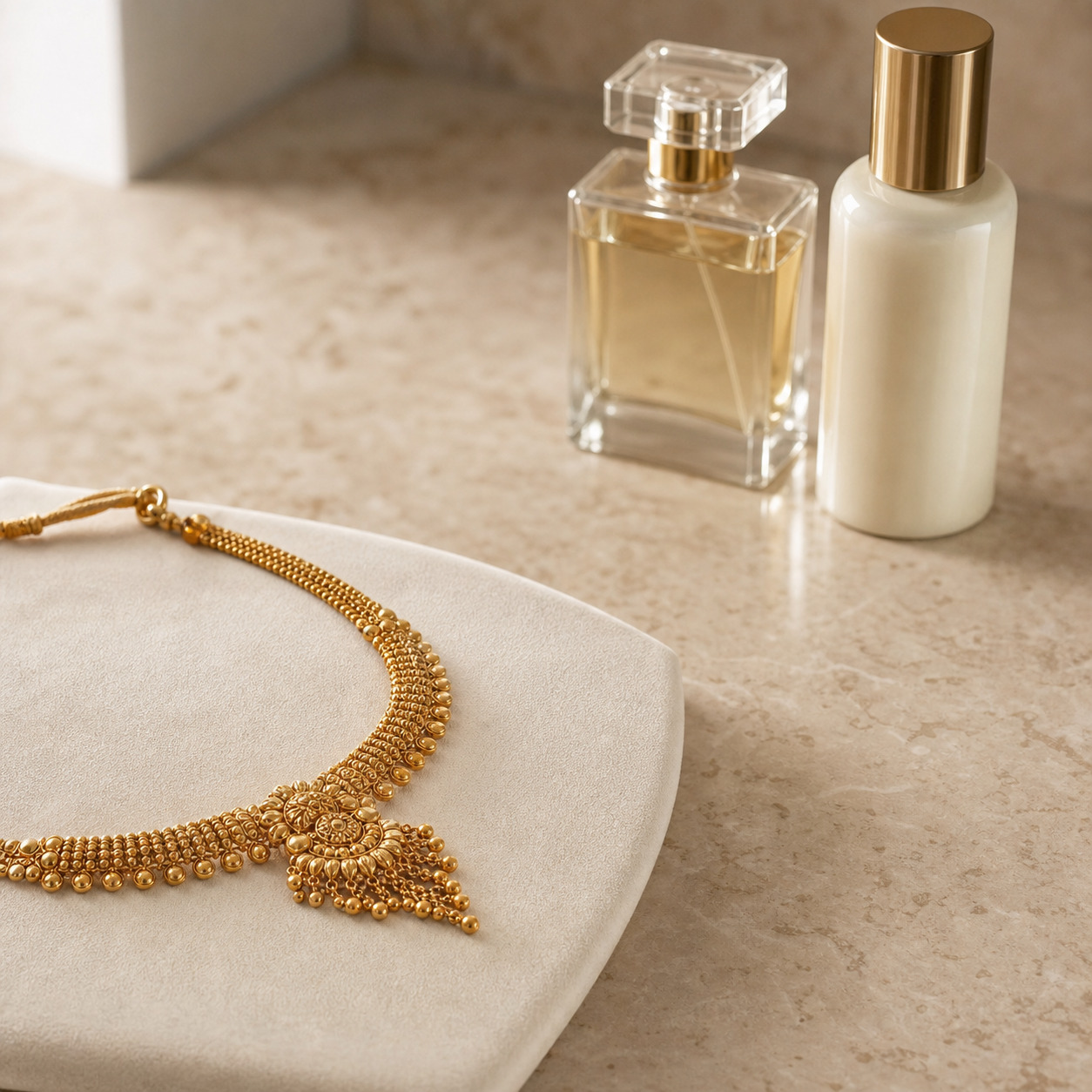 Gold jewellery kept apart from closed perfume and lotion bottles