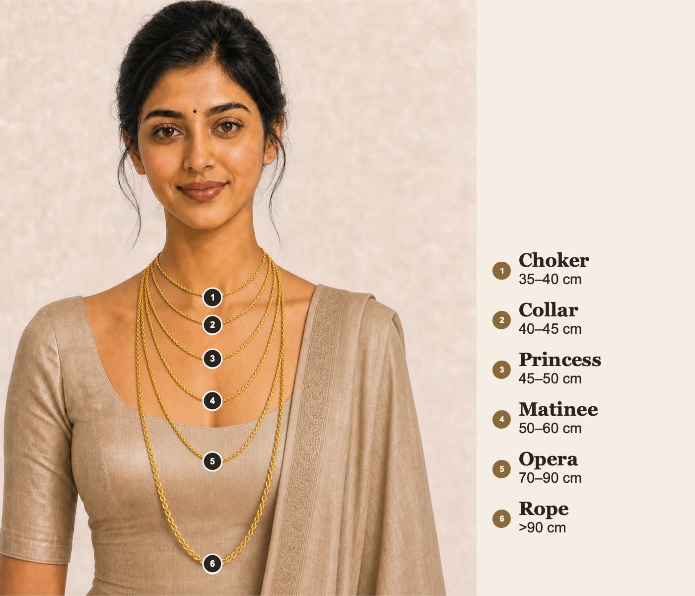 Necklace placement guide labelled in centimetres: Choker 35–40 cm, Collar 40–45 cm, Princess 45–50 cm, Matinee 50–60 cm, Opera 70–90 cm and Rope over 90 cm